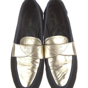 CHANEL Navy and Gold Loafers
